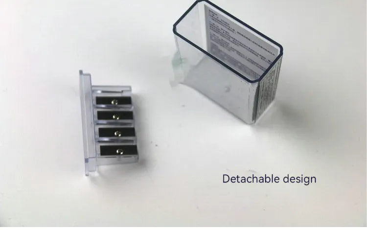 Four-hole pencil sharpener with geometric plastic design, four blades, and screwdriver for easy maintenance