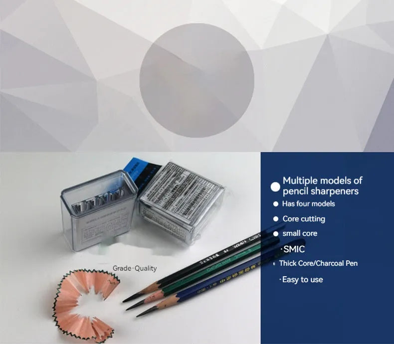 Four-hole pencil sharpener with geometric plastic design, four blades, and screwdriver for easy maintenance