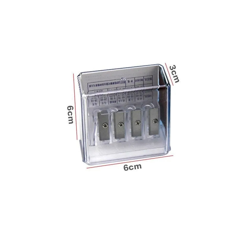 Four-hole pencil sharpener with geometric plastic design, four blades, and screwdriver for easy maintenance
