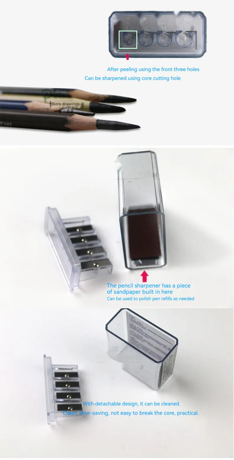 Four-hole pencil sharpener with geometric plastic design, four blades, and screwdriver for easy maintenance