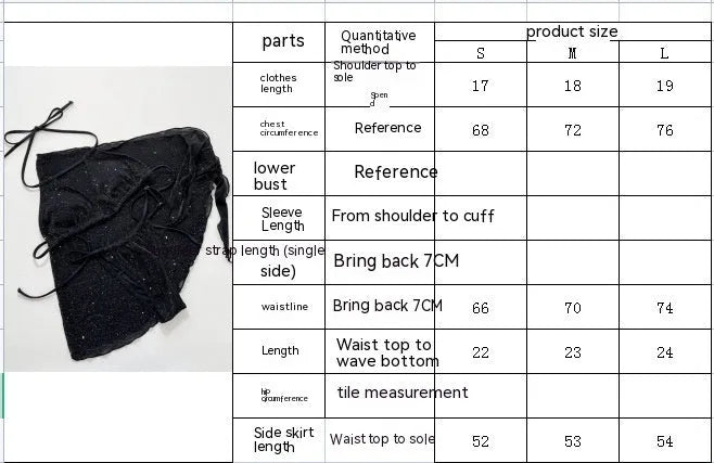 Black three-piece swimsuit set with top and shorts in polyester fibre, showing Asian sizing specifications
