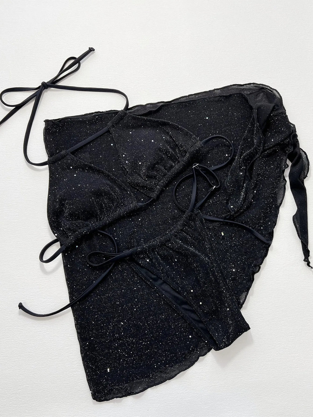 Black three-piece swimsuit set with top and shorts in polyester fibre, showing Asian sizing specifications