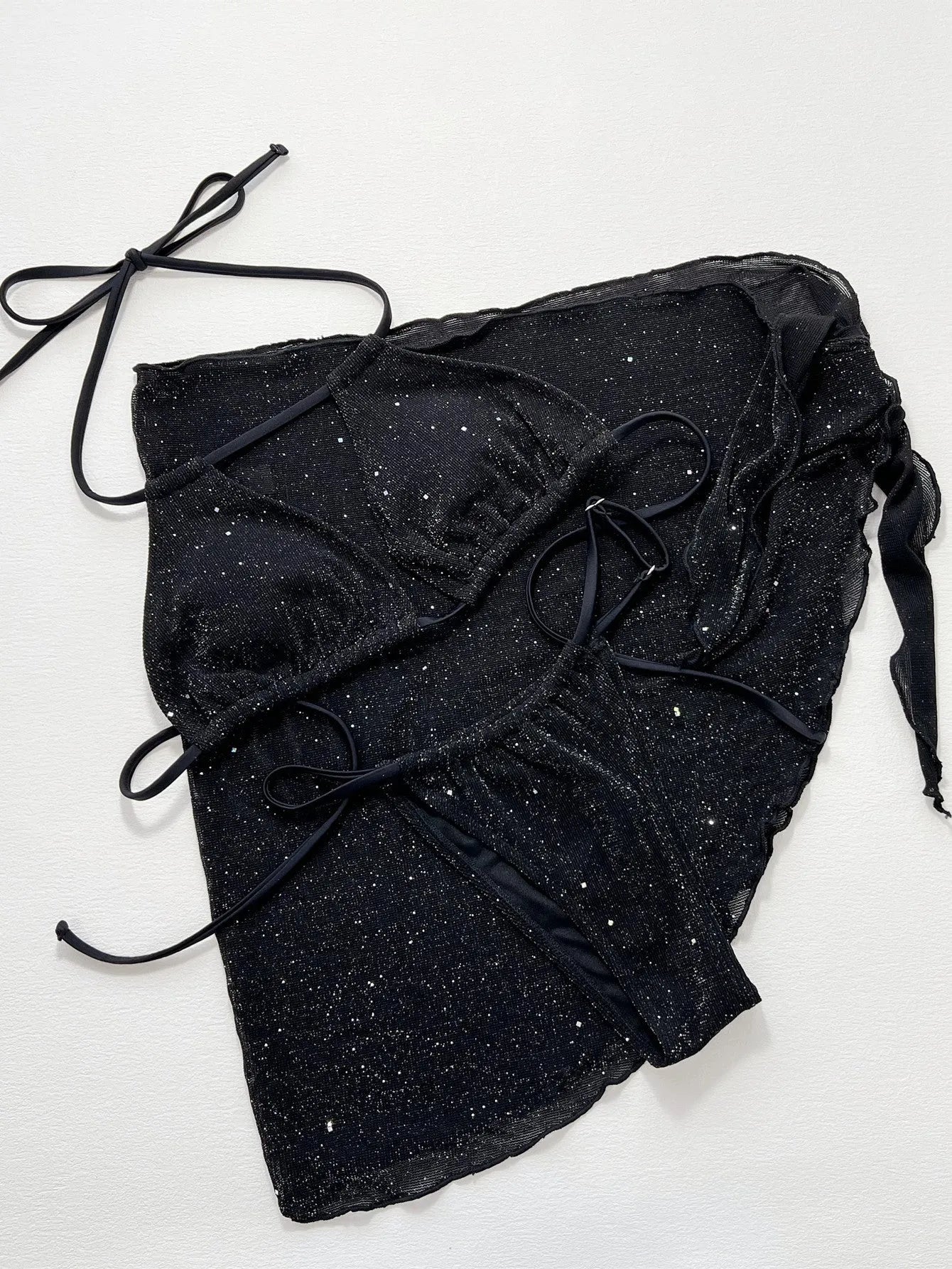 Black three-piece swimsuit set with top and shorts in polyester fibre, showing Asian sizing specifications