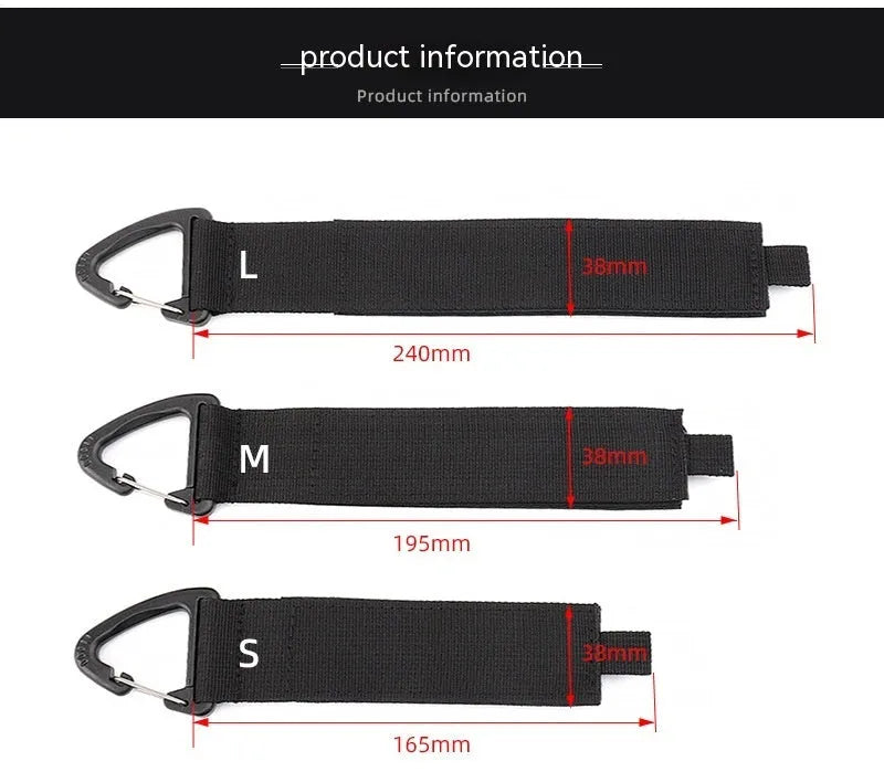 Black gravity storage strap with metal carabiner hook for workshop and camper organisation