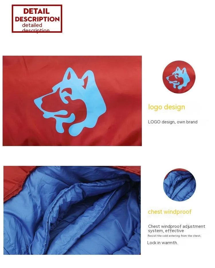 Cotton sleeping bag in army green, dimensions 230cm x 80cm x 50cm, compressed in 38cm x 26cm bag for outdoor camping