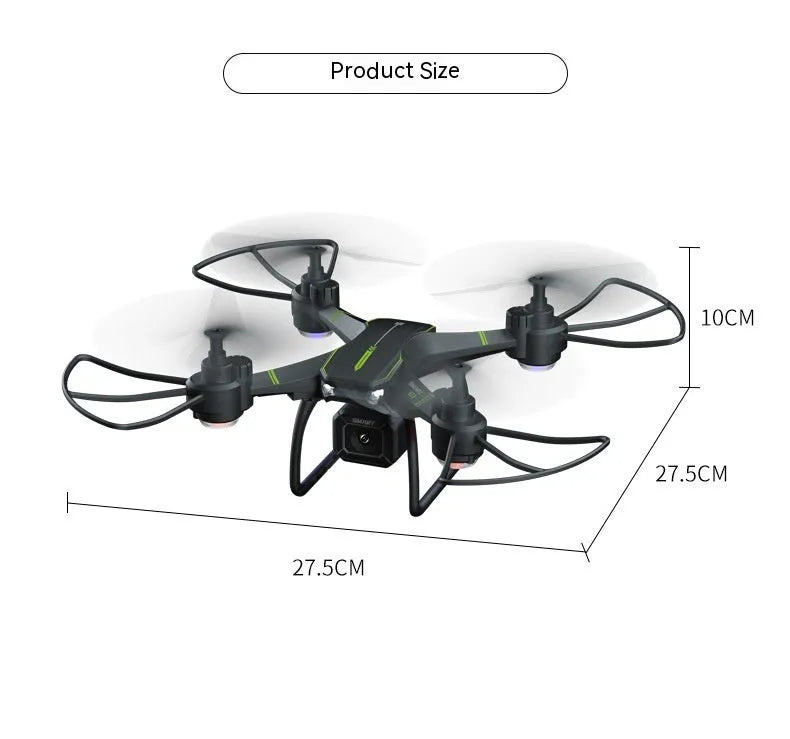 Blue remote control drone with four propeller guards, shown with its transmitter and accessories.