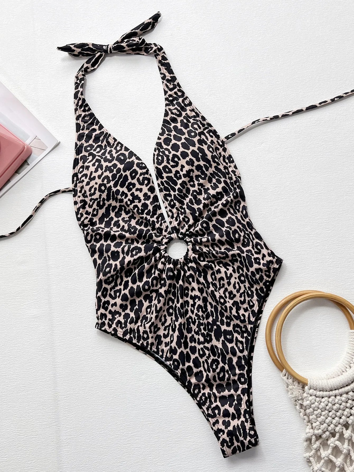 Leopard print one-piece swimsuit with hollow-out ring detailing for women's swimming activities