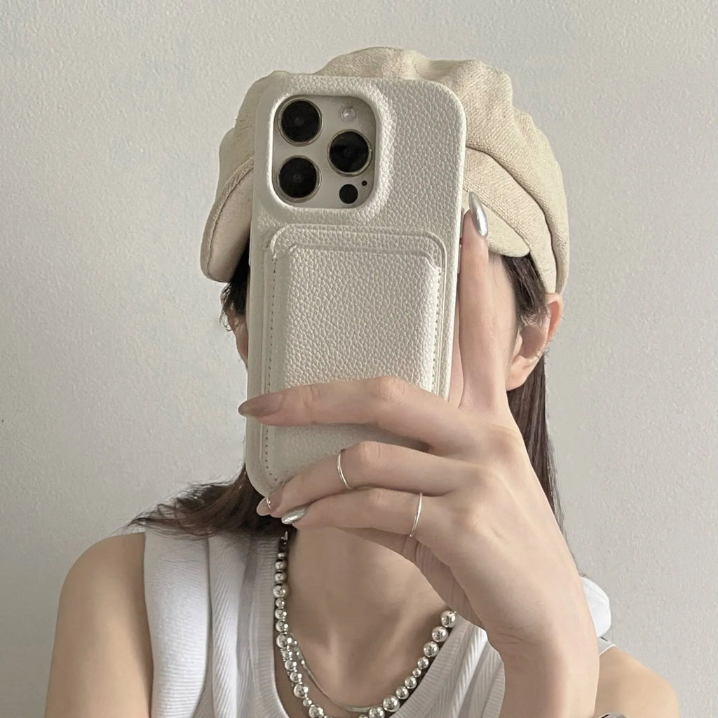 Genuine litchi leather iPhone case in beige or red, shockproof anti-fall back cover for iPhone 12 to 15 Pro Max
