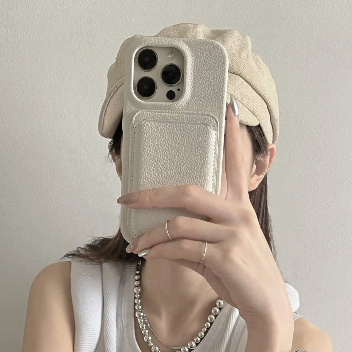 Genuine litchi leather iPhone case in beige or red, shockproof anti-fall back cover for iPhone 12 to 15 Pro Max