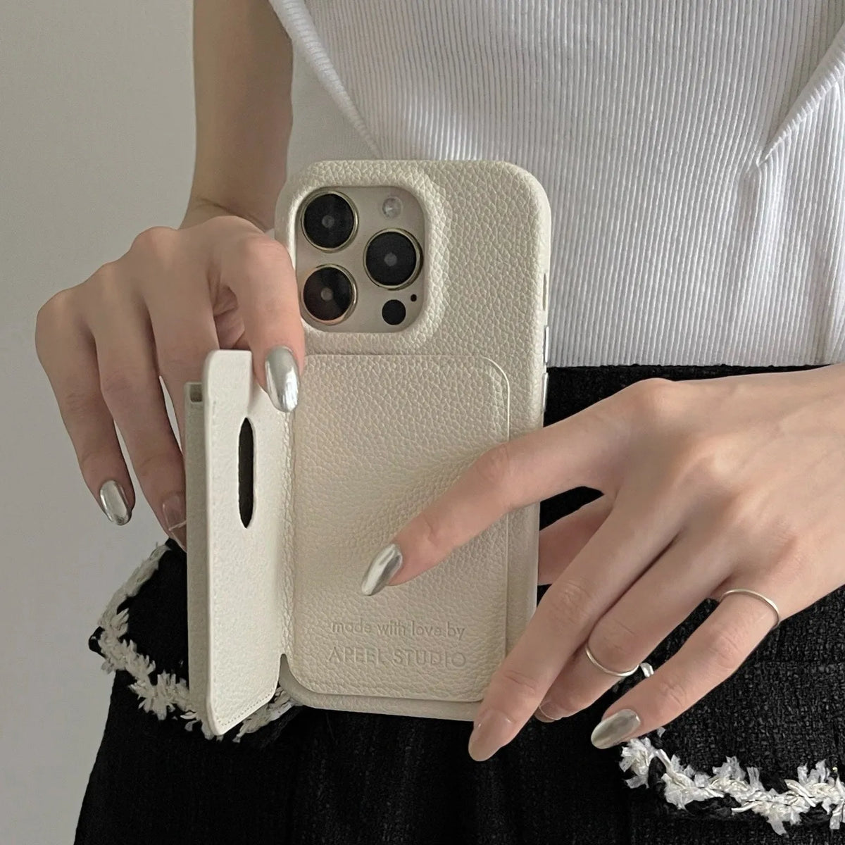 Genuine litchi leather iPhone case in beige or red, shockproof anti-fall back cover for iPhone 12 to 15 Pro Max