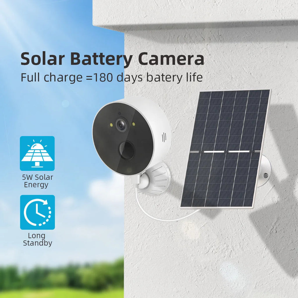 Outdoor solar-powered battery camera with 1080P resolution and included solar panel for security