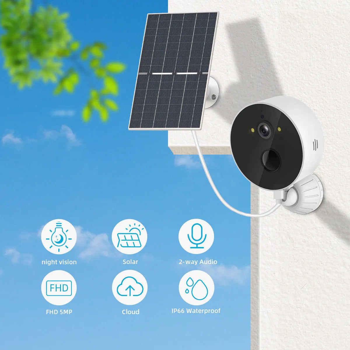 Outdoor solar-powered battery camera with 1080P resolution and included solar panel for security