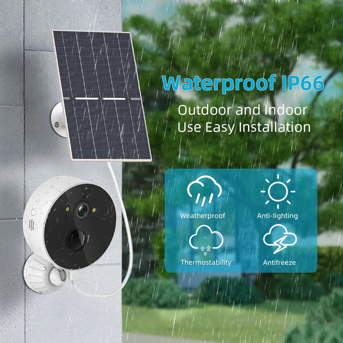 Outdoor solar-powered battery camera with 1080P resolution and included solar panel for security
