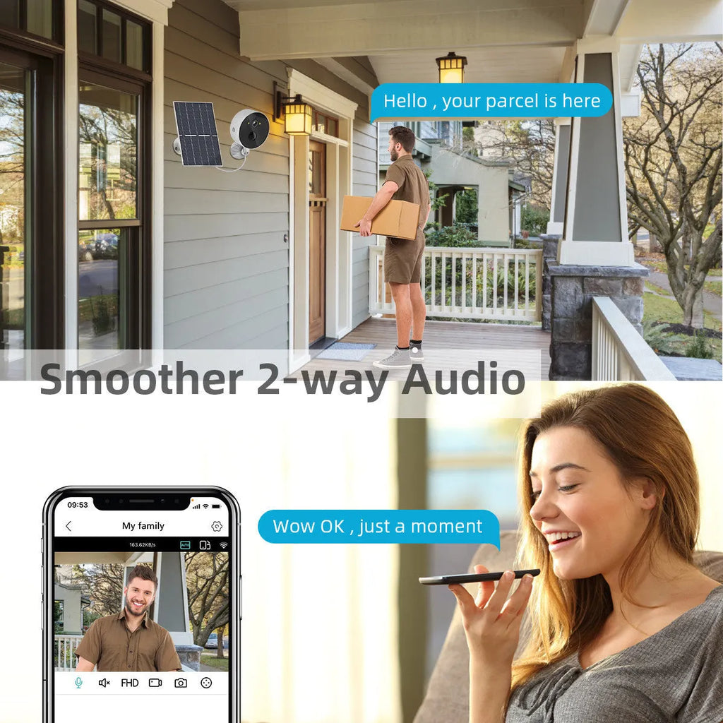Outdoor solar-powered battery camera with 1080P resolution and included solar panel for security