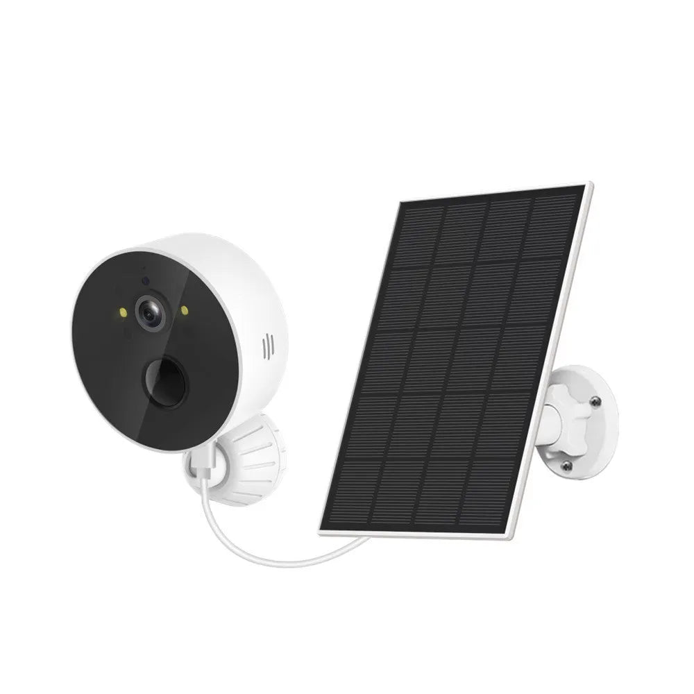 Outdoor solar-powered battery camera with 1080P resolution and included solar panel for security
