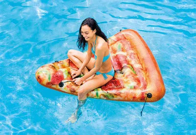 Pizza design inflatable surfboard recliner floating in pool, showing 175cm length and colourful pattern