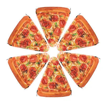 Pizza design inflatable surfboard recliner floating in pool, showing 175cm length and colourful pattern