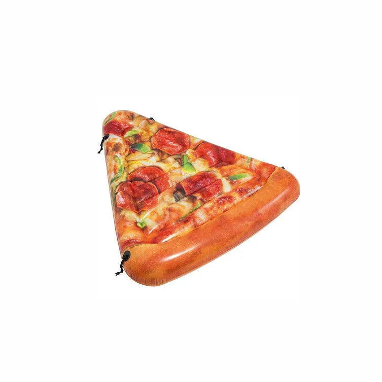 Pizza design inflatable surfboard recliner floating in pool, showing 175cm length and colourful pattern
