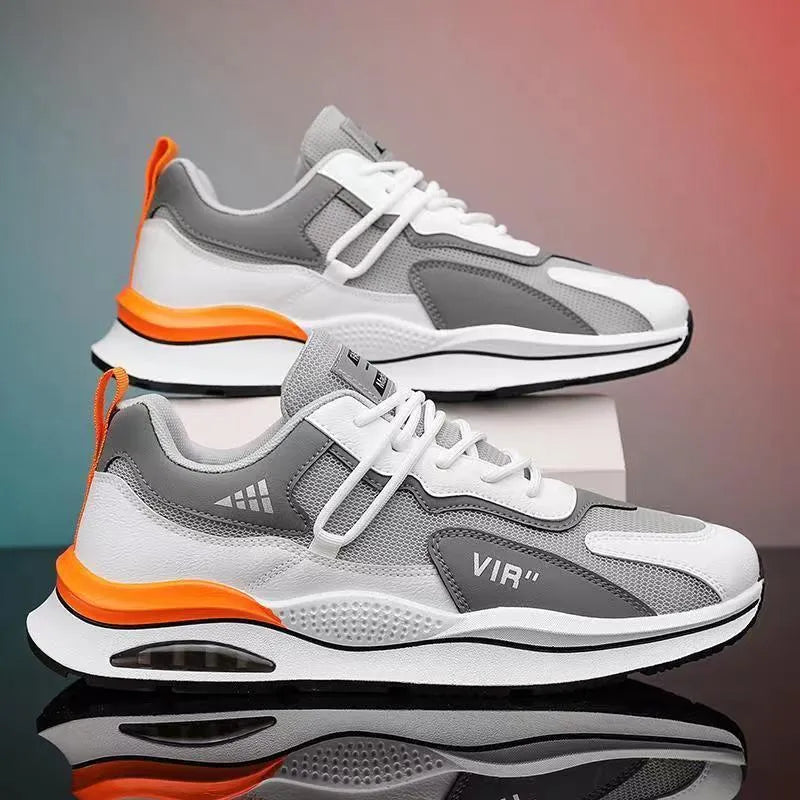 Men's gray breathable mesh running shoes with EVA sole and sewing thread details on upper