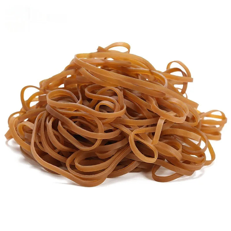 Natural rubber circular elastic bands in natural tan colour, supplied in 500g bag for sustainable bundling