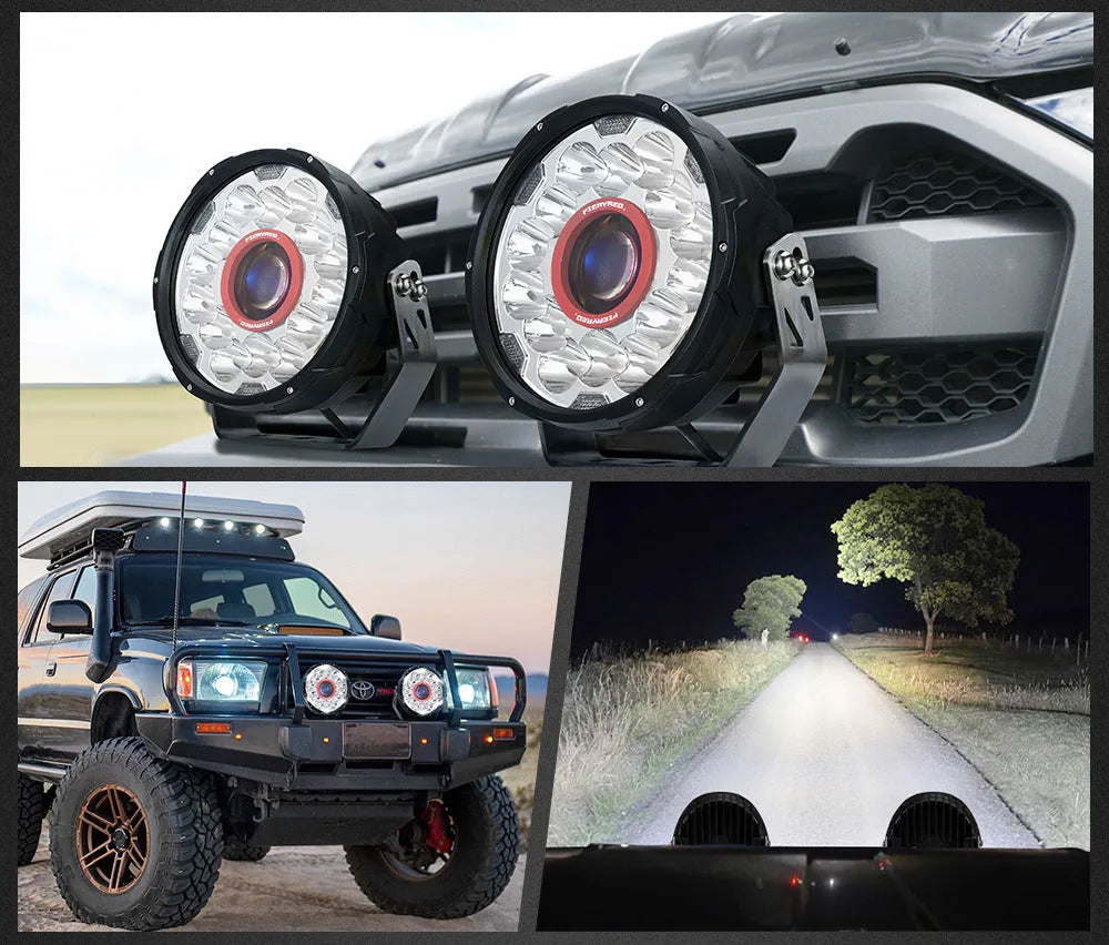 Pair of red 7-inch round LED waterproof off-road vehicle lights