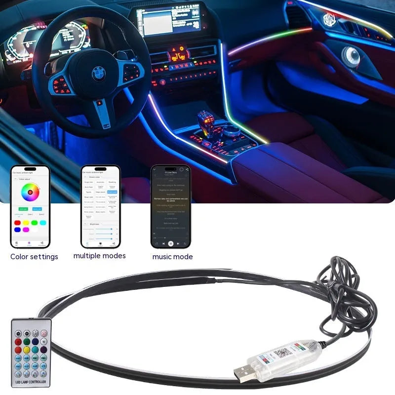 Car interior LED ambient lighting strip with remote control and USB connection