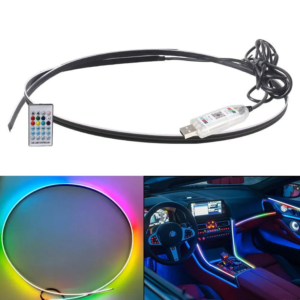 Car interior LED ambient lighting strip with remote control and USB connection