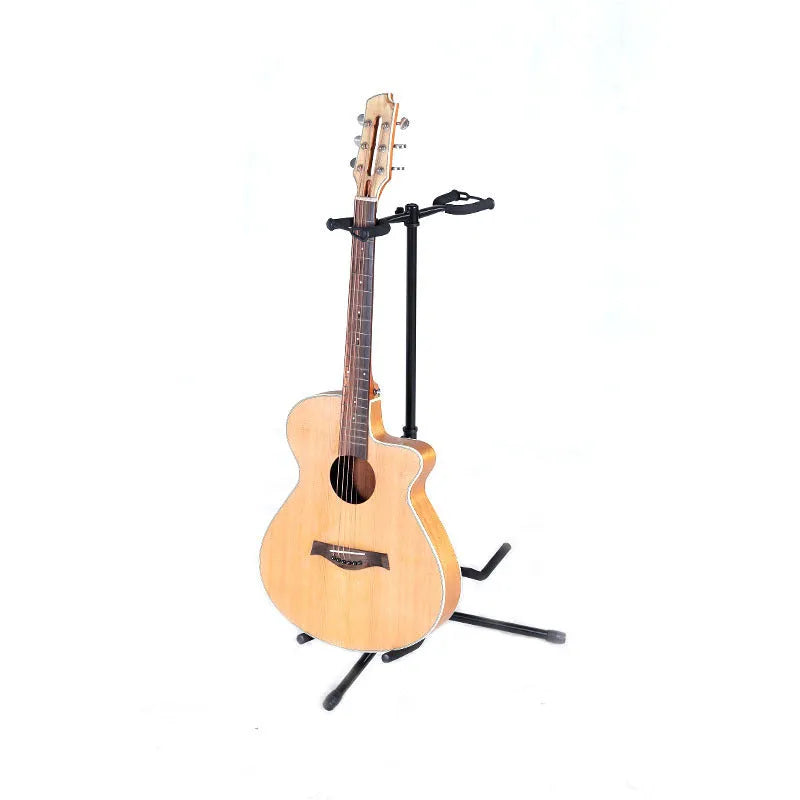 Black iron double-headed adjustable guitar stand holding two guitars with 360-degree rotating heads