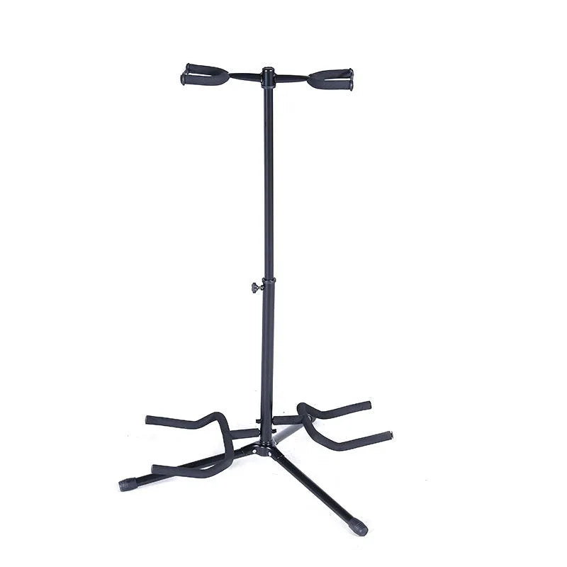 Black iron double-headed adjustable guitar stand holding two guitars with 360-degree rotating heads