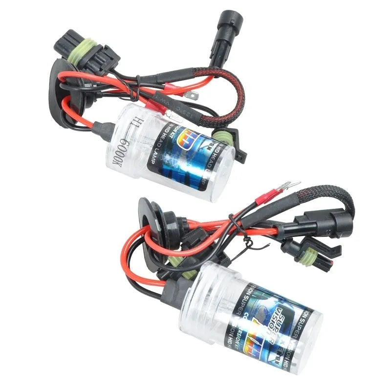 Automotive xenon bulb kit for H1 H7 9005 headlight replacement in 4300K, 6000K, or 8000K white light options.