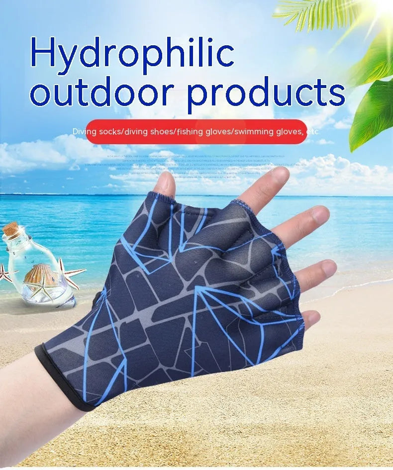 Webbed swimming gloves with duck feet design in multiple colour prints for improved aquatic propulsion