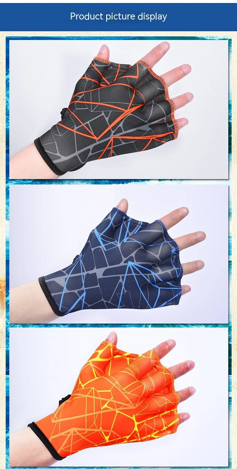 Webbed swimming gloves with duck feet design in multiple colour prints for improved aquatic propulsion