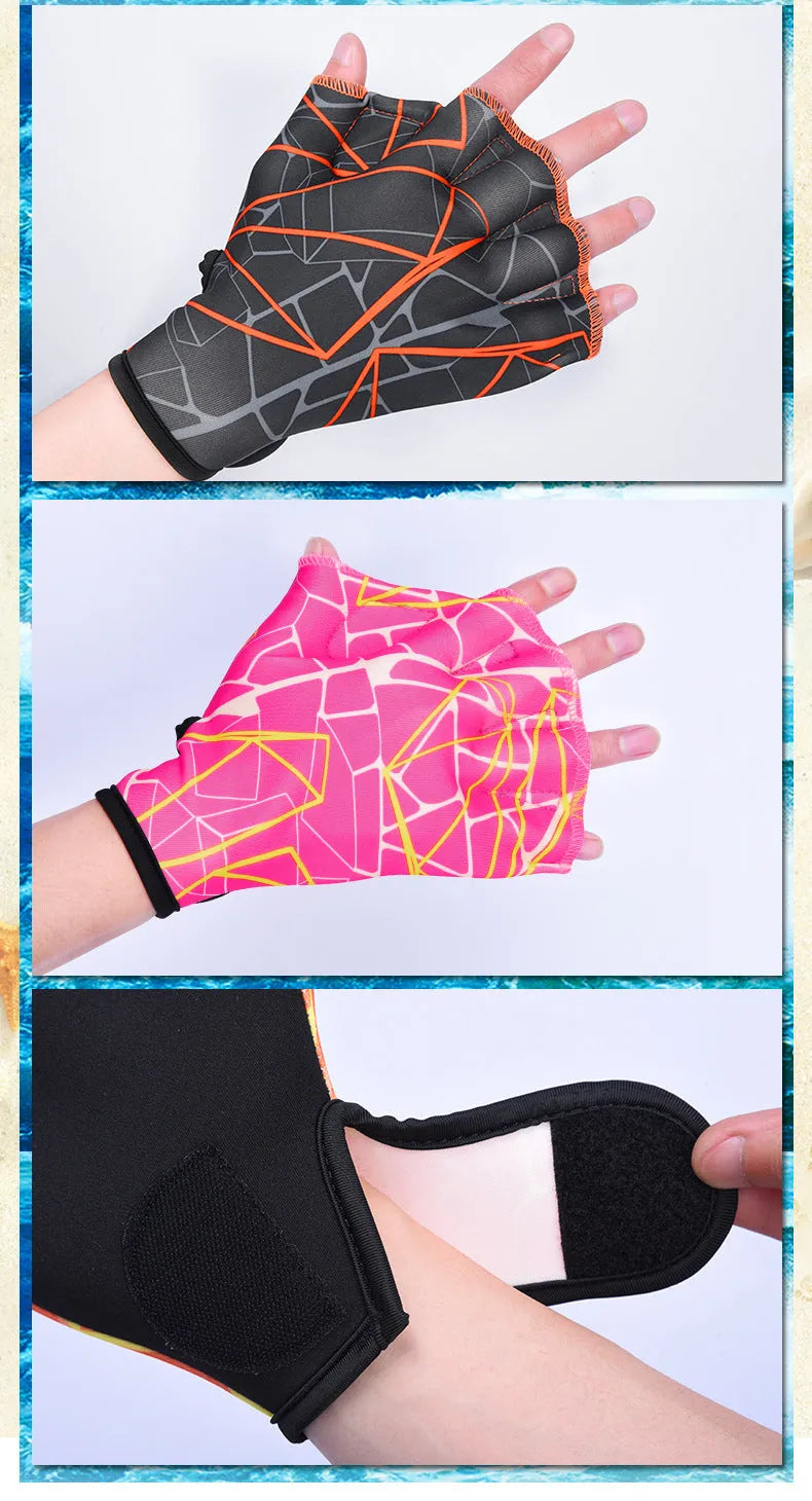 Webbed swimming gloves with duck feet design in multiple colour prints for improved aquatic propulsion
