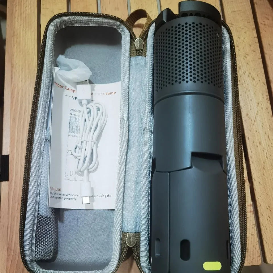 Portable LED camping light in creamy white or dark grey with 360-degree illumination and button switch