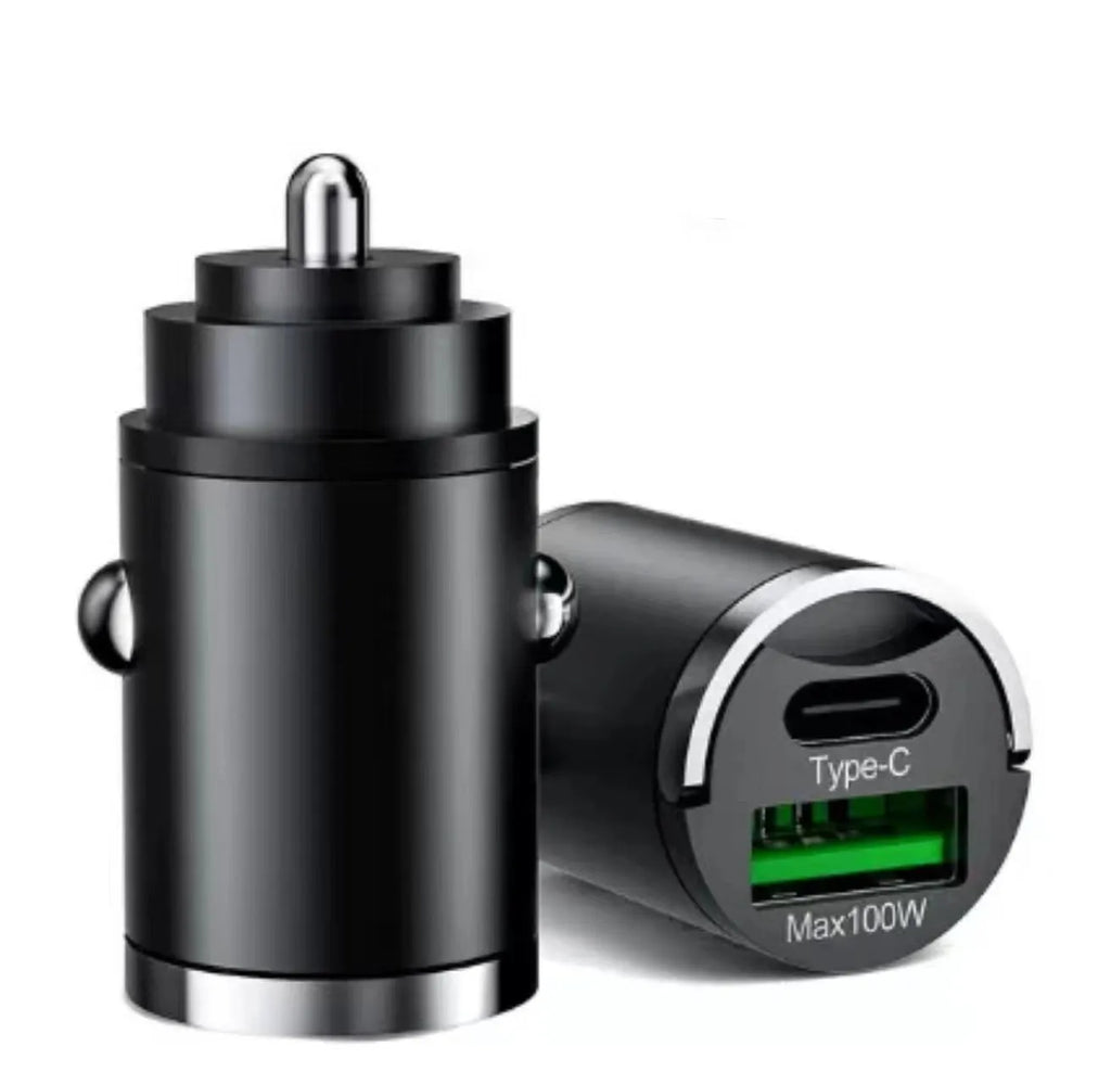 Black metal car charger with invisible pull-tab for 100W super fast charging via dual USB ports