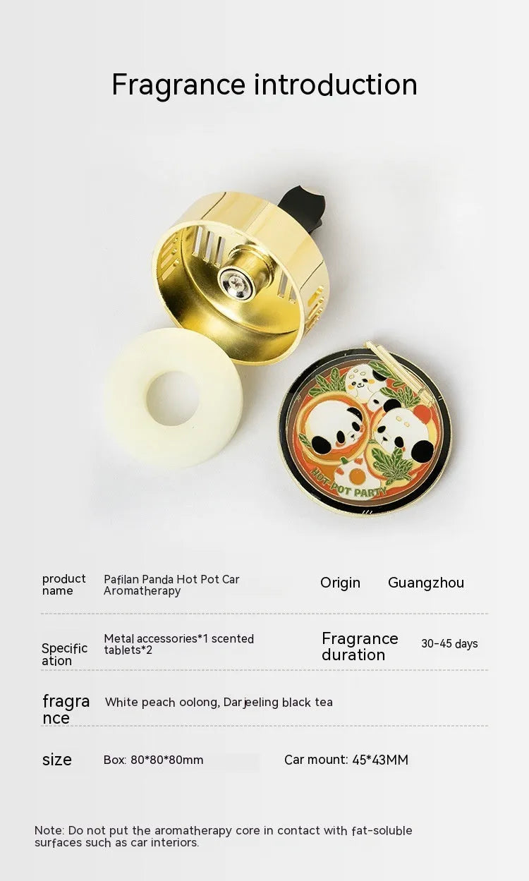 Panda hot pot shaped car air freshener diffuser mounted on a car vent with diatomaceous earth fragrance tablets