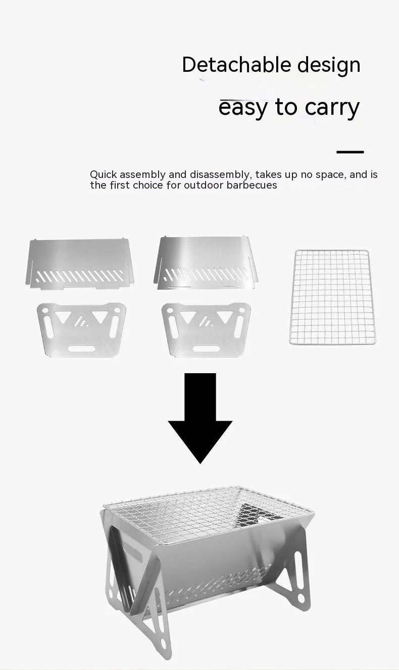 Outdoor folding stainless steel burning oven with BBQ grill and storage bag for portable barbecuing
