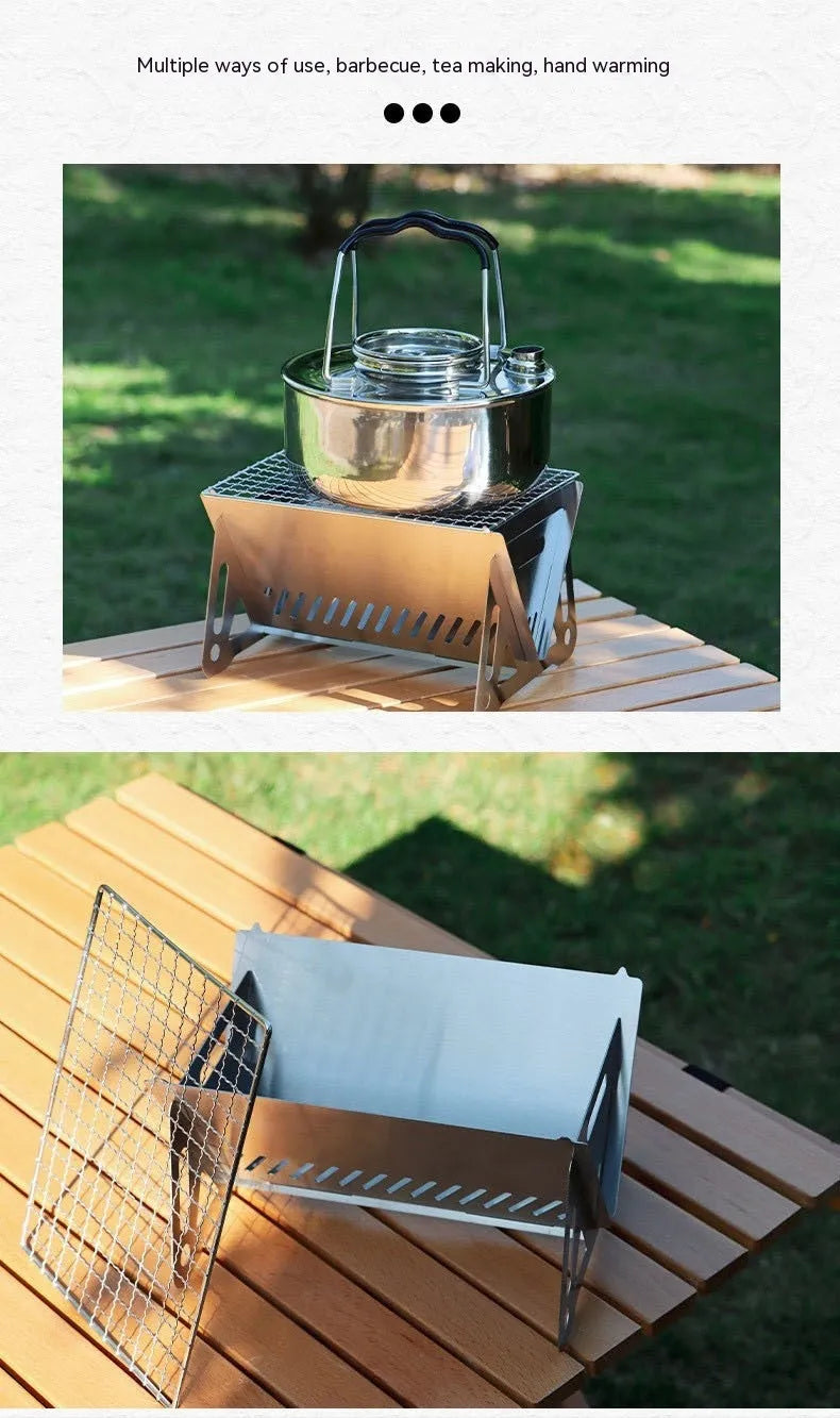 Outdoor folding stainless steel burning oven with BBQ grill and storage bag for portable barbecuing