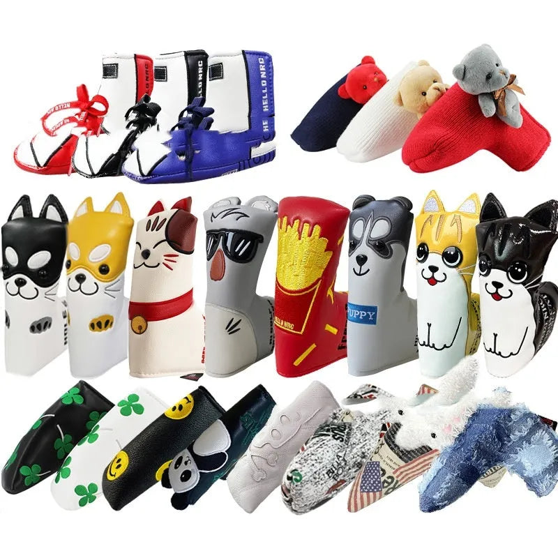 Golf straight bar putter sleeve in various designs with waterproof fabric and fleece lining for club protection