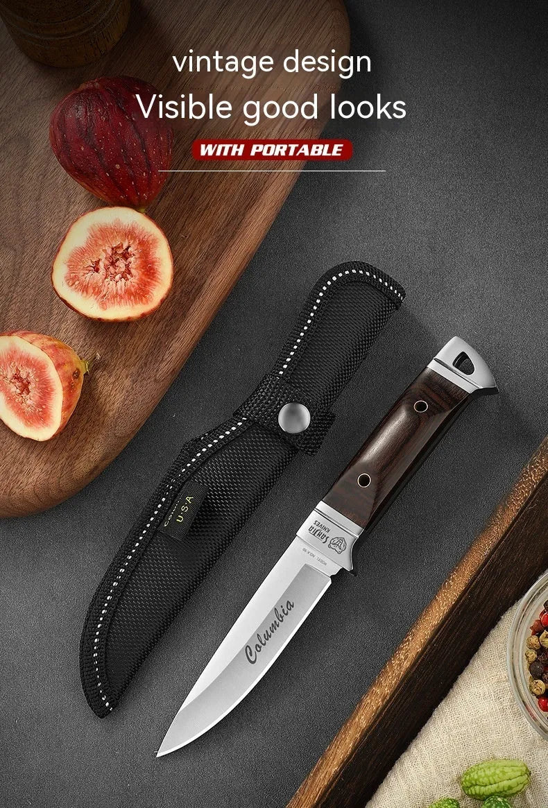 Camping portable fruit knife with stainless steel blade and national style leather case for outdoor use