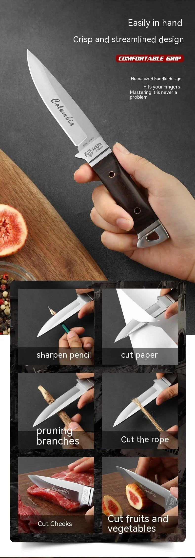 Camping portable fruit knife with stainless steel blade and national style leather case for outdoor use