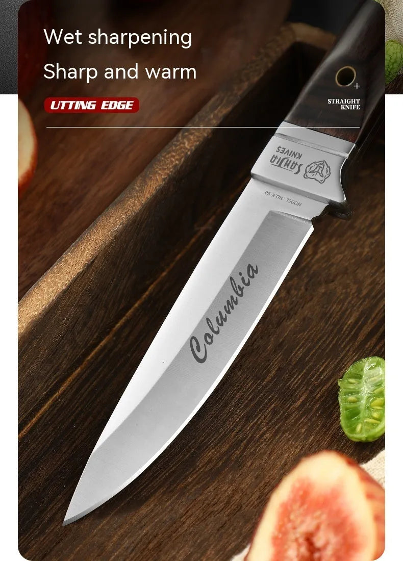 Camping portable fruit knife with stainless steel blade and national style leather case for outdoor use