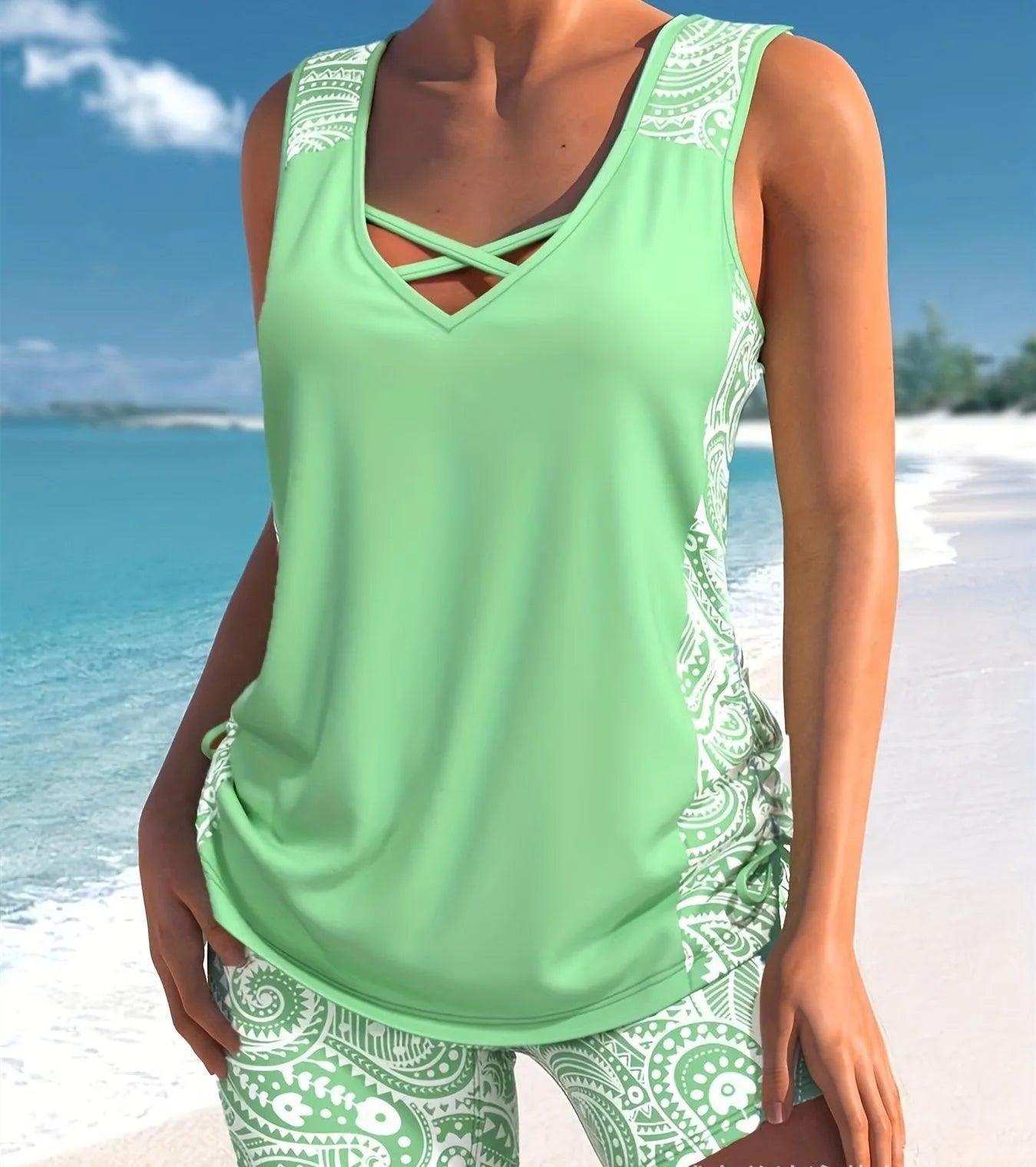Women's printed split boxer swimsuit set with top and shorts for swimming
