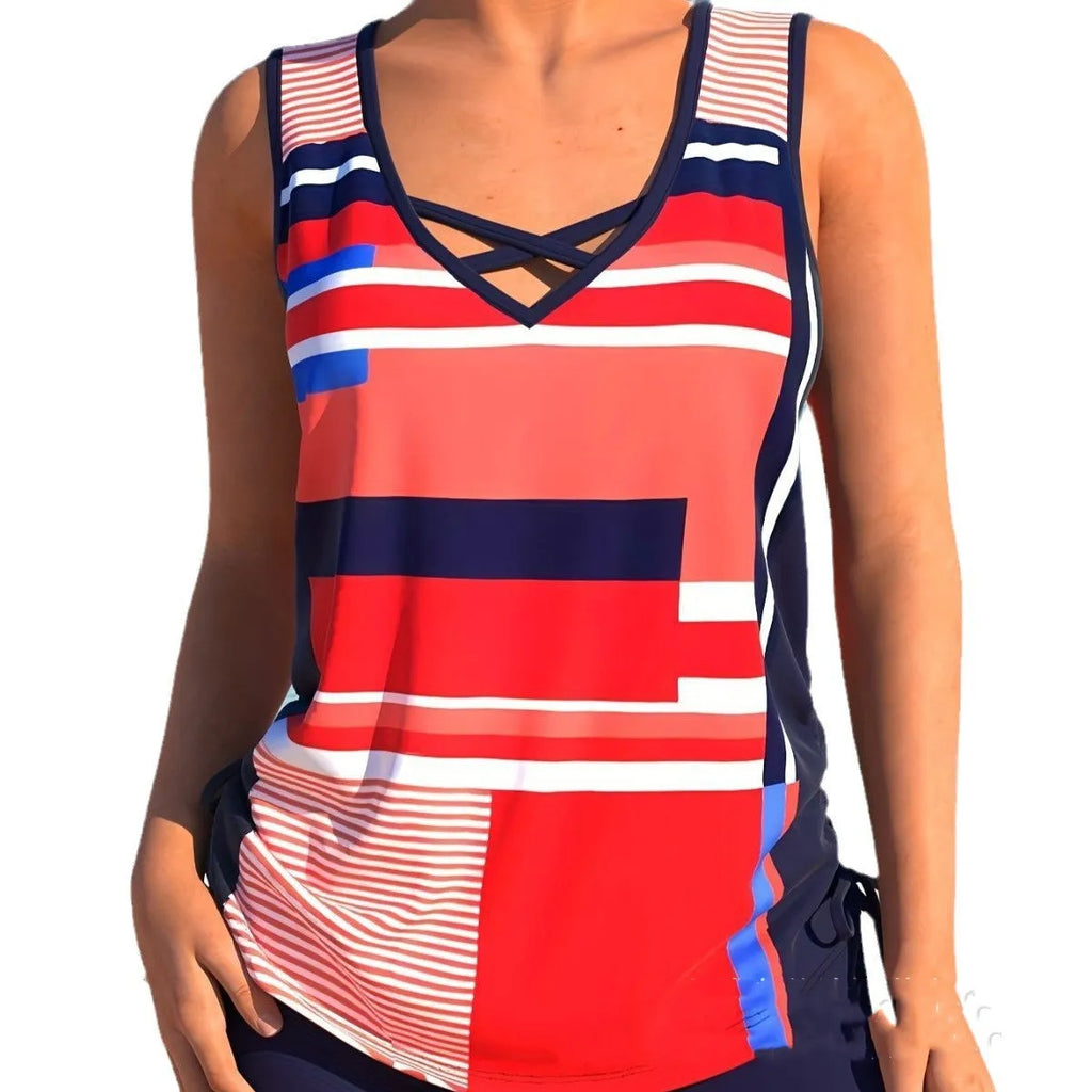Women's printed split boxer swimsuit set with top and shorts for swimming