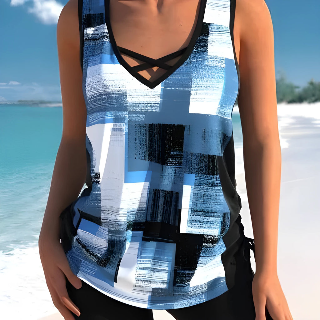 Women's printed split boxer swimsuit set with top and shorts for swimming