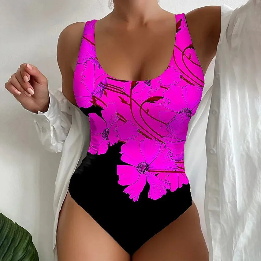 Women's tight 3D printed one-piece swimsuit in orange red, made from Lycra for swimming.