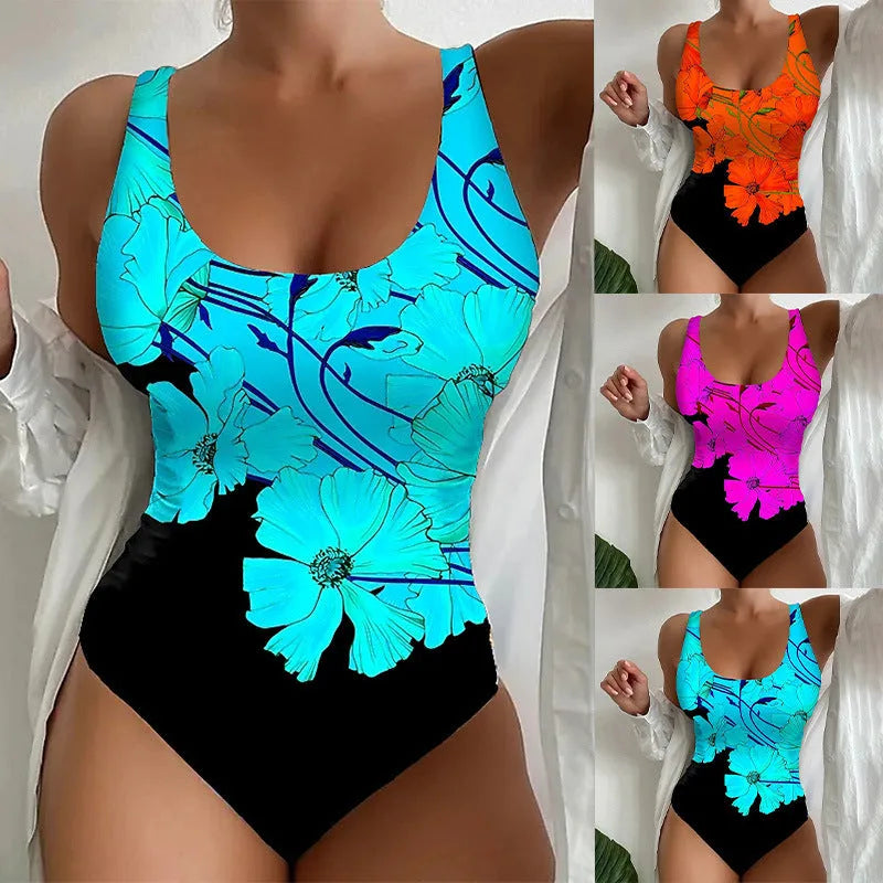 Women's tight 3D printed one-piece swimsuit in orange red, made from Lycra for swimming.