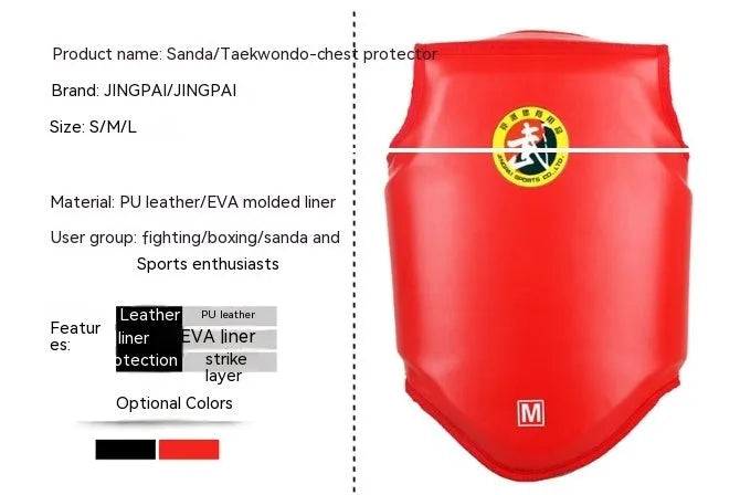 Red boxing helmet and matching one-piece chest protector set for training sparring.