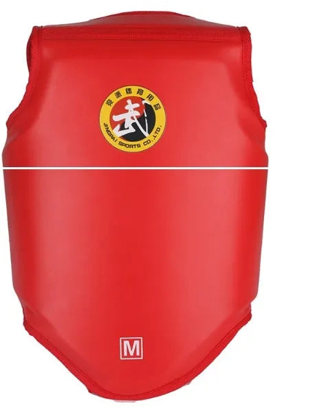 Red boxing helmet and matching one-piece chest protector set for training sparring.
