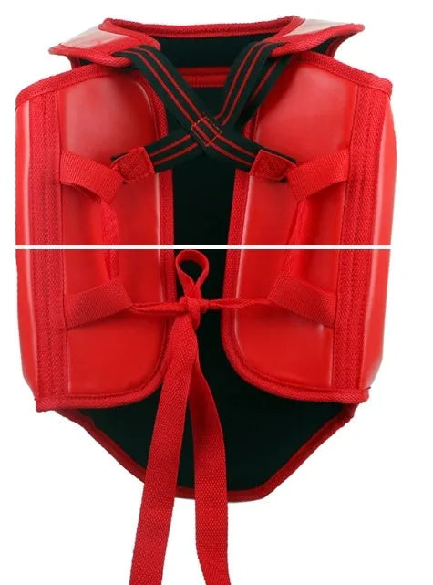 Red boxing helmet and matching one-piece chest protector set for training sparring.